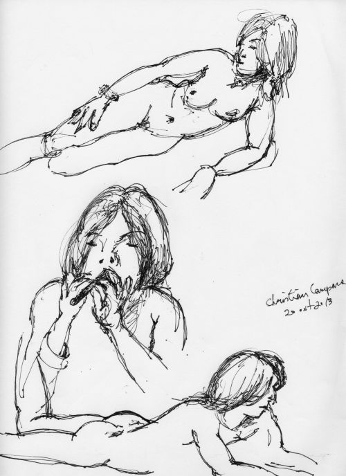 Jillian Page in two 20-minute semi-reclining poses, and one five-minute sitting pose playing my Irish whistle, at Figure Drawing workshop in Montreal on Oct. 20, 2013. 