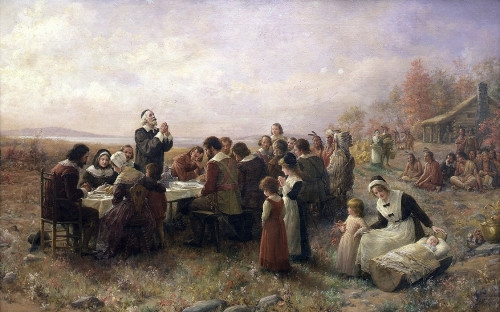 The First Thanksgiving at Plymouth, oil on canvas by Jennie Augusta Brownscombe, 1914. (Wikipedia)
